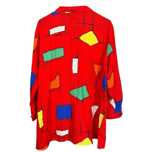 Ali Miles Red Geometric Abstract Button Front‎ Tunic Wired Collar Art to Wear XL - Picture 9 of 11